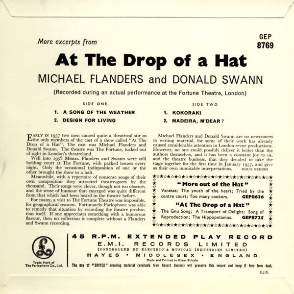 Flanders & Swann : More Excerpts From 'At The Drop Of A Hat' (7", EP, Mono)