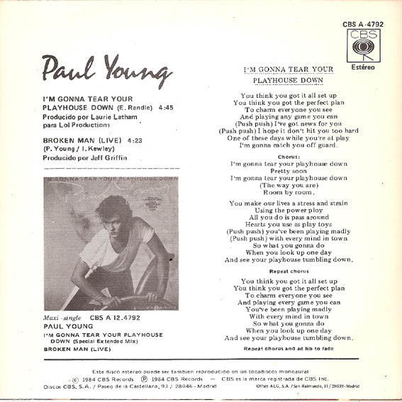 Paul Young : I'm Gonna Tear Your Playhouse Down (7", Single)