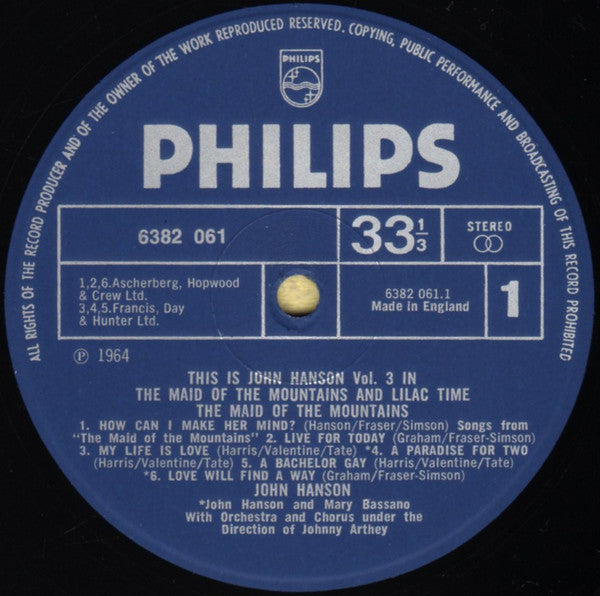 John Hanson (3) : This Is John Hanson Vol 3 In The Maid Of The Mountains And Lilac Time (LP)