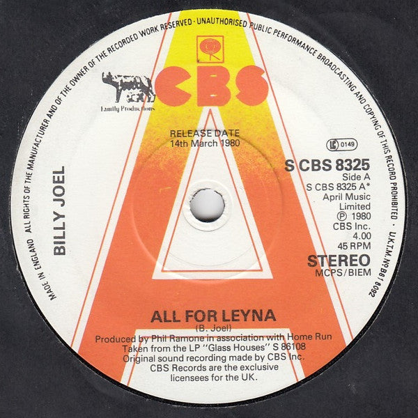 Billy Joel : All For Leyna (7", Single, Promo)