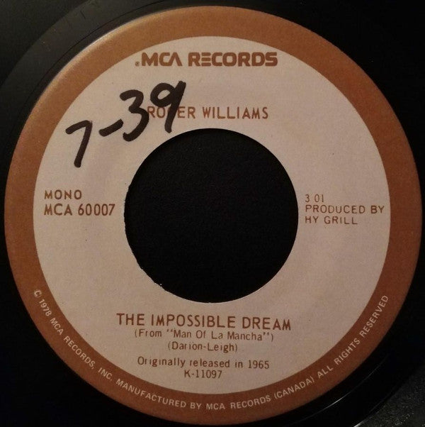 Roger Williams (2) : The Impossible Dream (7", Single, Mono)