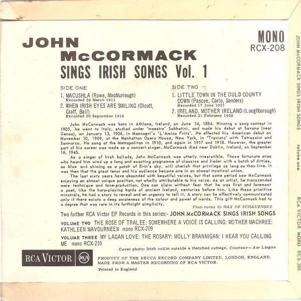 John McCormack (2) : Sings Irish Songs Vol. 1 (7", EP, Mono)