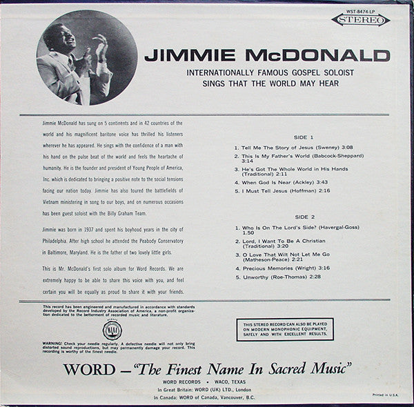Jimmie McDonald : Sings That The World May Hear (LP)