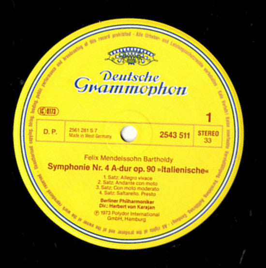 Felix Mendelssohn-Bartholdy, Berliner Philharmoniker, Herbert von Karajan : Symphonie Nr.4 ("Italienische - Italian") / Symphonie Nr.5 ("Reformation") (LP, Album, RE)