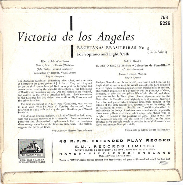 Victoria De Los Angeles : Bachianas Brasileiras No.5 / El Majo Discreto (7", EP, Comp, Mono, RE)