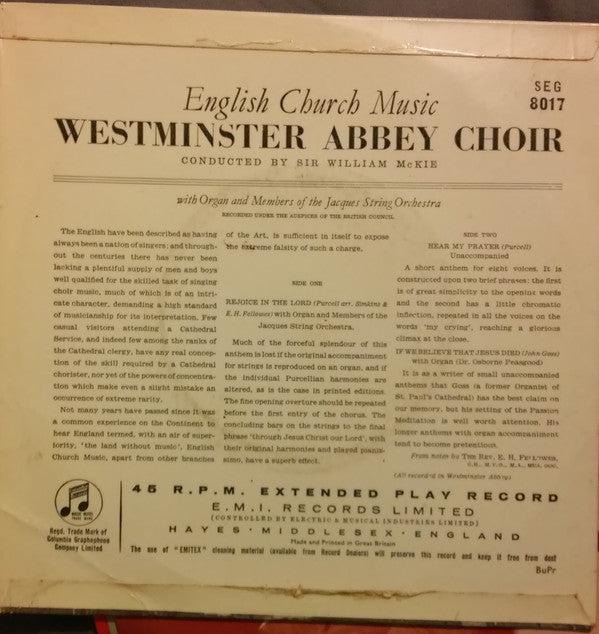 The Choir Of Westminster Abbey : English Church Music (7", EP, Mono)