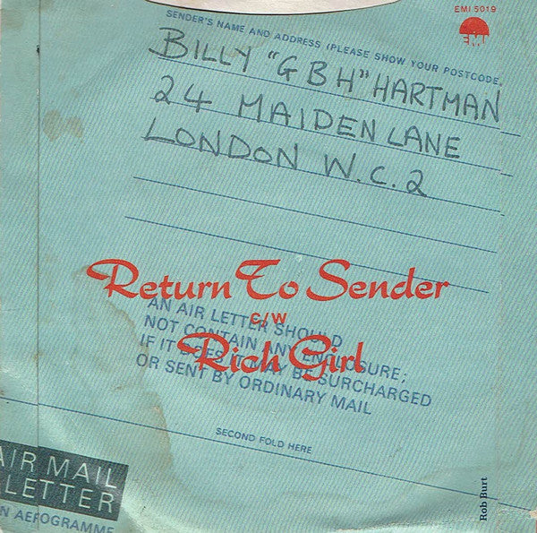 Billy Hartman : Return To Sender (7", Single, Promo)