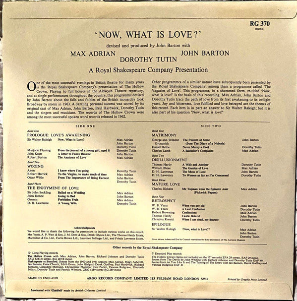 Max Adrian, John Barton (2) And Dorothy Tutin : Now, What Is Love? (LP, Mono)