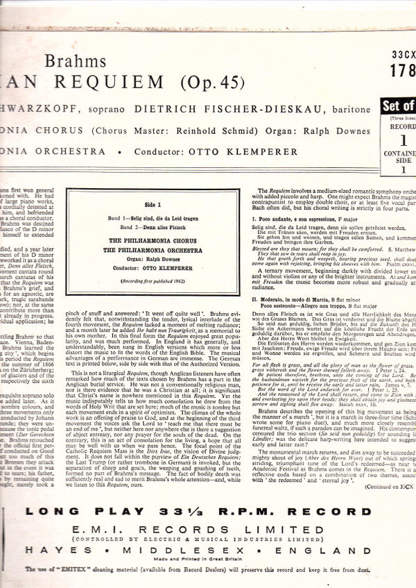 Johannes Brahms, Elisabeth Schwarzkopf, Dietrich Fischer-Dieskau, Otto Klemperer Conducting Philharmonia Orchestra And  Philharmonia Chorus : A German Requiem (LP, S/Sided, Mono, RP + LP, Mono, RP)