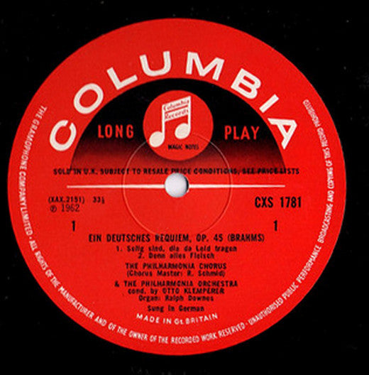 Johannes Brahms, Elisabeth Schwarzkopf, Dietrich Fischer-Dieskau, Otto Klemperer Conducting Philharmonia Orchestra And  Philharmonia Chorus : A German Requiem (LP, S/Sided, Mono, RP + LP, Mono, RP)