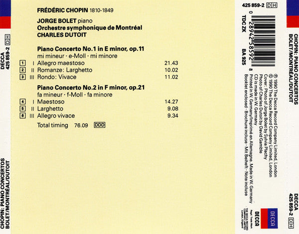 Frédéric Chopin, Jorge Bolet, Charles Dutoit, Orchestre Symphonique De Montréal : Piano Concertos 1 & 2 (CD, Album)