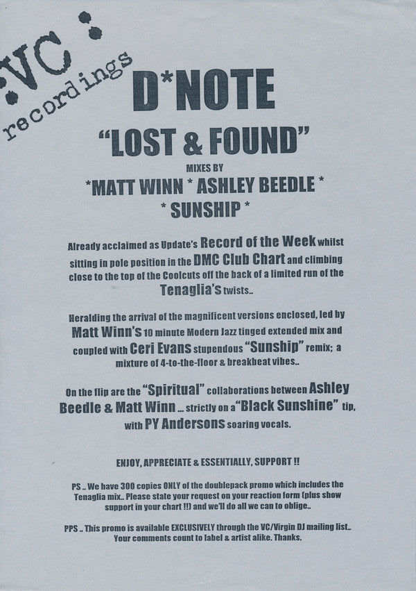 D*Note : Lost And Found (12", Promo)