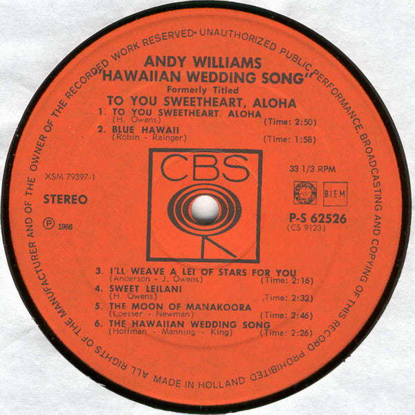 Andy Williams : Hawaiian Wedding Song (LP, Album, RE)
