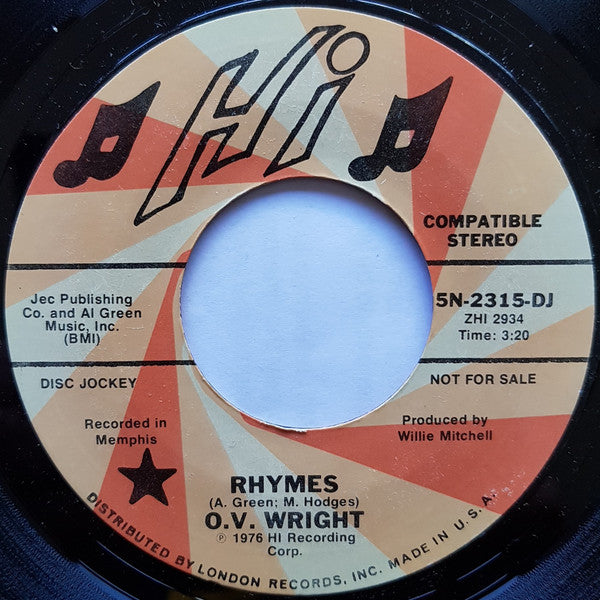 O.V. Wright : Rhymes / Without You (7", Single, Promo)