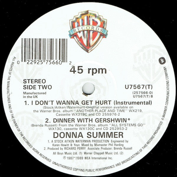 Donna Summer : I Don't Wanna Get Hurt (12", Dam)