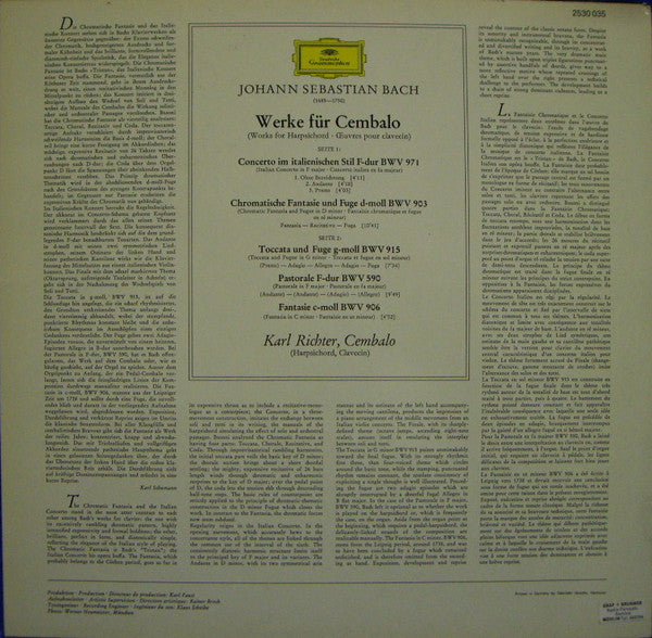 Johann Sebastian Bach, Karl Richter : Italienisches Konzert, BWV 971 · Fantasie, BWV 906 · Chromatische Fantasie Und Fuge, BWV 903 · Toccata, BWV 915 · Pastorale, BWV 590 (LP, Album)
