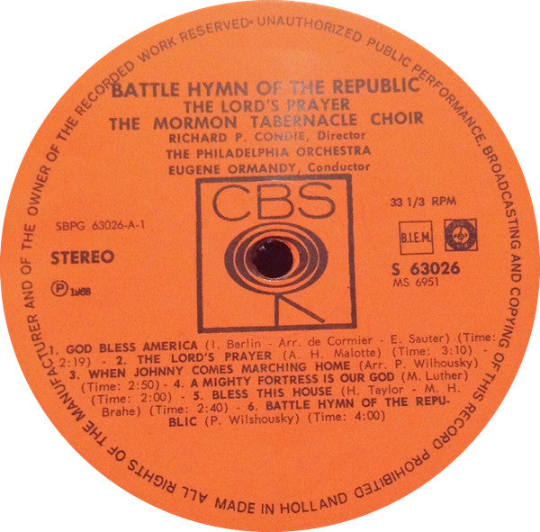 Mormon Tabernacle Choir : The Battle Hymn Of The Republic / The Lord's Prayer (LP, Comp, RE)