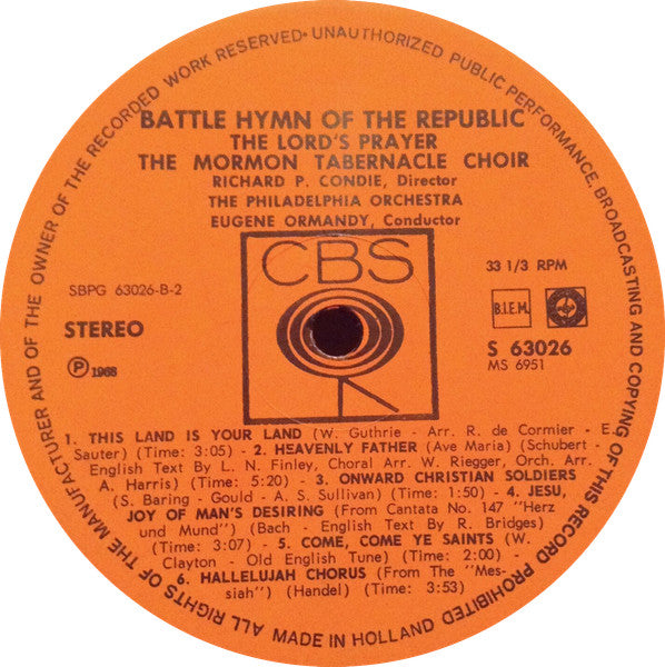 Mormon Tabernacle Choir : The Battle Hymn Of The Republic / The Lord's Prayer (LP, Comp, RE)