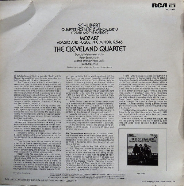 The Cleveland Quartet, Franz Schubert / Wolfgang Amadeus Mozart : Quartet No. 14 In D Minor ("Death And The Maiden") / Adagio And Fugue In C Minor, K.546 (LP)