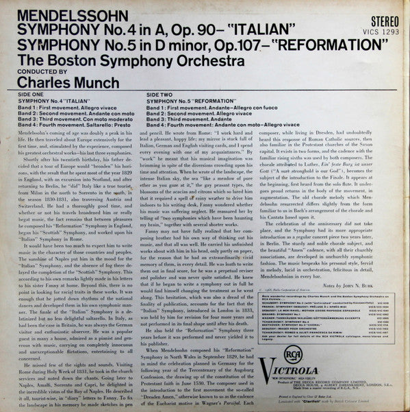 Felix Mendelssohn-Bartholdy, Boston Symphony Orchestra, Charles Munch : Symphony No. 4 In A 'Italian' / Symphony No. 5 In D Minor 'Reformation' (LP, RE)