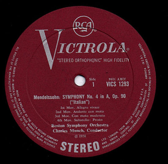 Felix Mendelssohn-Bartholdy, Boston Symphony Orchestra, Charles Munch : Symphony No. 4 In A 'Italian' / Symphony No. 5 In D Minor 'Reformation' (LP, RE)