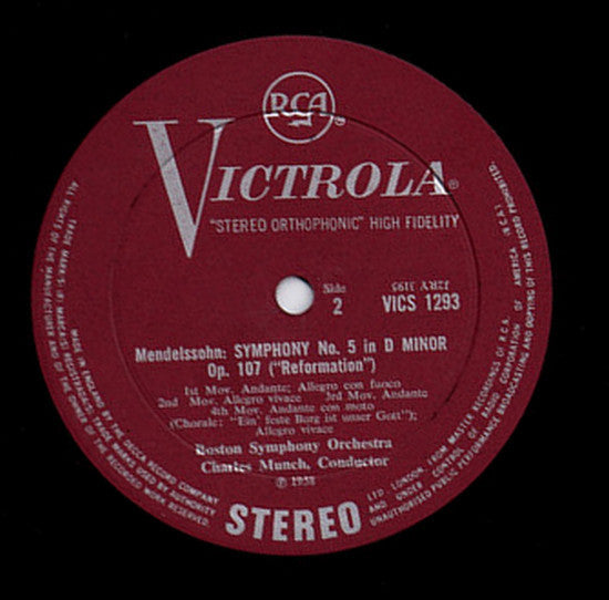 Felix Mendelssohn-Bartholdy, Boston Symphony Orchestra, Charles Munch : Symphony No. 4 In A 'Italian' / Symphony No. 5 In D Minor 'Reformation' (LP, RE)