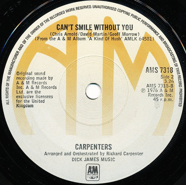 Carpenters : Calling Occupants Of Interplanetary Craft (The Recognized Anthem Of World Contact Day) (7", Single)