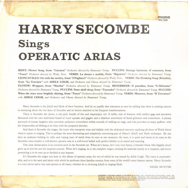 Harry Secombe With Adele Leigh : Operatic Arias (LP, Mono, RE)
