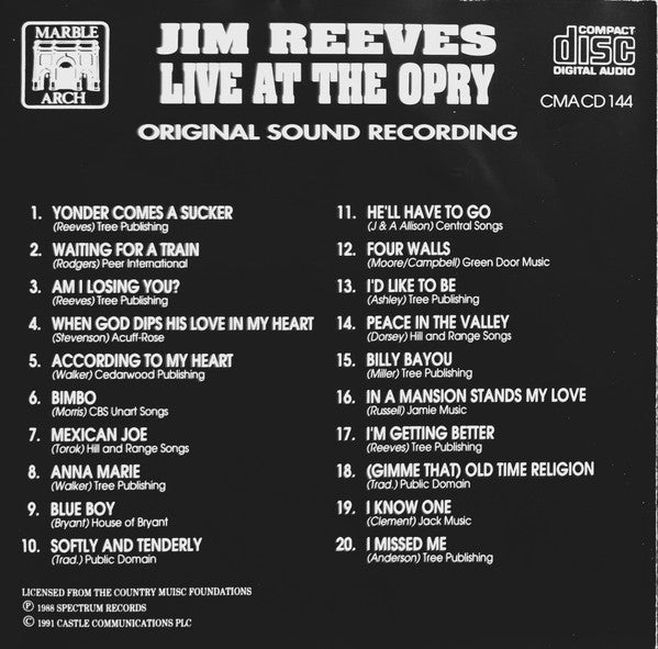 Jim Reeves : Live At The Opry (CD, Album)