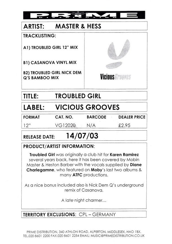 Master & Hess : Troubled Girl (12", Promo)