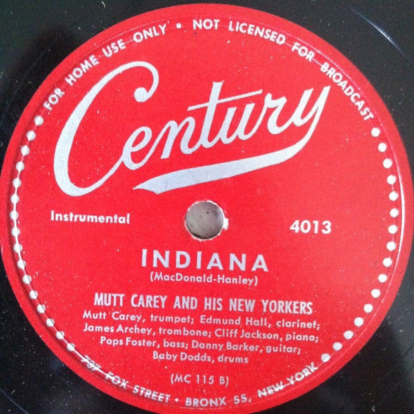 Mutt Carey's New Yorkers : Ostrich Walk / Indiana (Shellac, 10", RE, Unofficial)