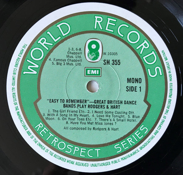 Rodgers & Hart : "Easy To Remember"- Great British Dance Bands Play Rodgers & Hart (LP, Comp, Mono)