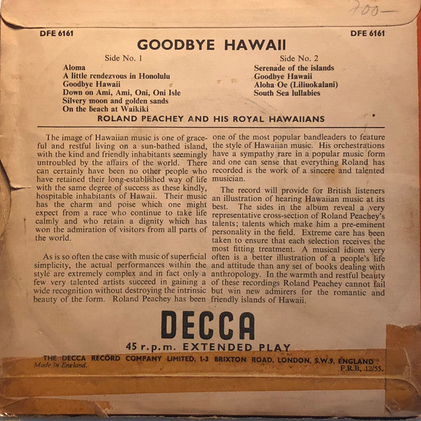 Roland Peachy And His Royal Hawaiians : Goodbye Hawaii (7", EP)