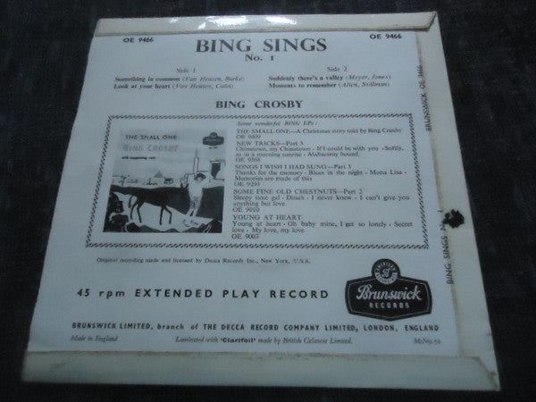 Bing Crosby : Bing Sings No. 1 (7", EP, Mono)