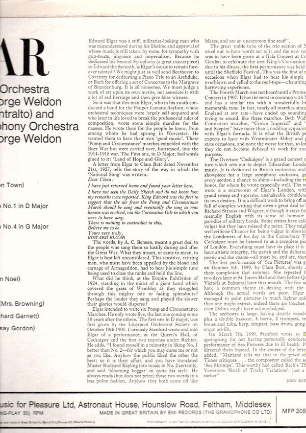 George Weldon, Philharmonia Orchestra, London Symphony Orchestra, Gladys Ripley : Pomp and Circumstance Marches 1 & 4 / Cockaigne Overture / Sea Pictures (LP, Mono)