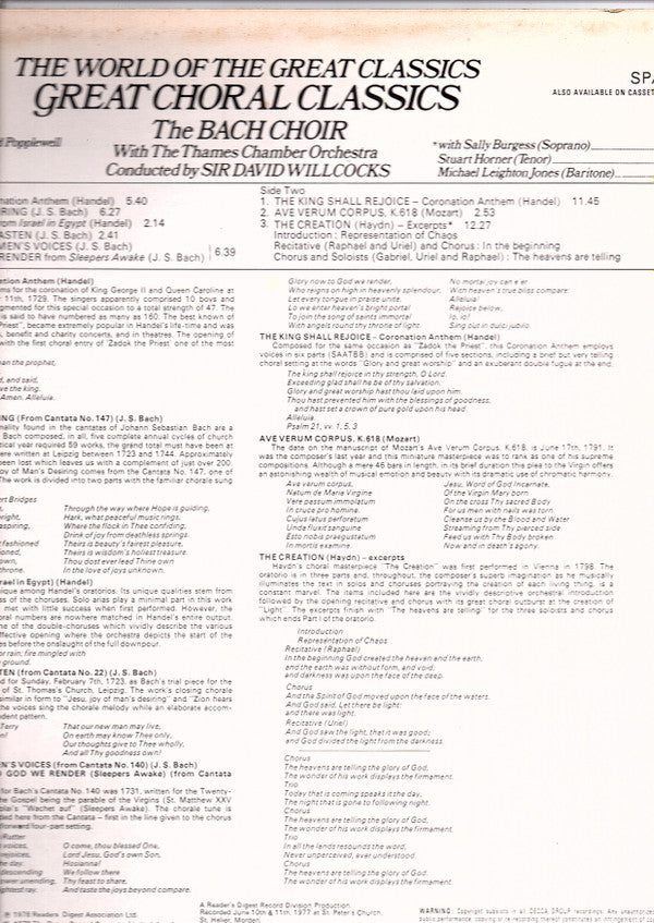 The Bach Choir, The Thames Chamber Orchestra, David Willcocks : Great Choral Classics (LP, Album)