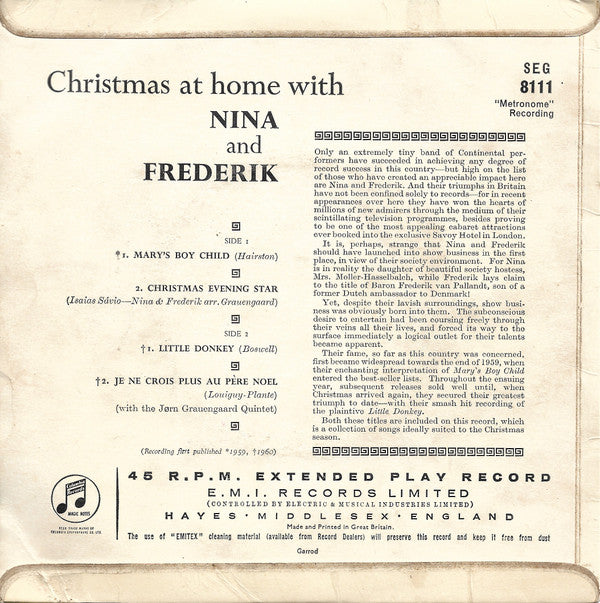 Nina & Frederik : Christmas At Home With Nina And Frederik (7", EP, Mono)