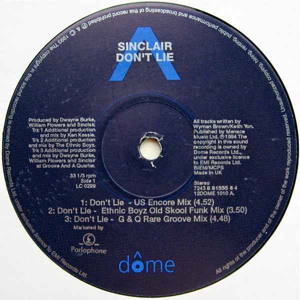 Sinclair : Don't Lie (12", Single, 1/2)