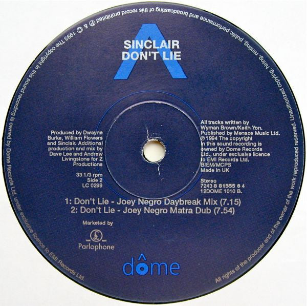 Sinclair : Don't Lie (12", Single, 1/2)