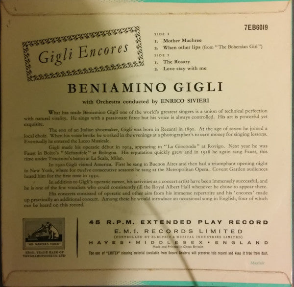 Beniamino Gigli : Gigli Encores (7", EP)