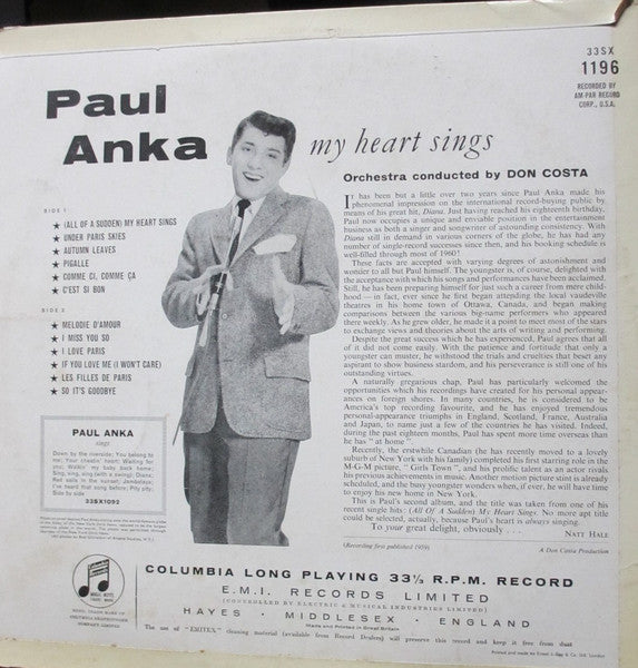 Paul Anka : My Heart Sings (LP, Album, Mono)
