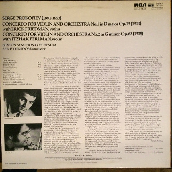 Sergei Prokofiev - Erick Friedman, Itzhak Perlman, Erich Leinsdorf, Boston Symphony Orchestra : Prokofiev The Two Violin Concertos (LP, Comp)