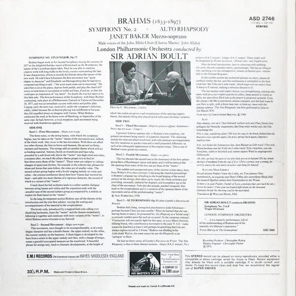 Johannes Brahms, Janet Baker And John Alldis Choir With London Philharmonic Orchestra, Sir Adrian Boult : Symphony No.2 / Alto Rhapsody (LP, RP)