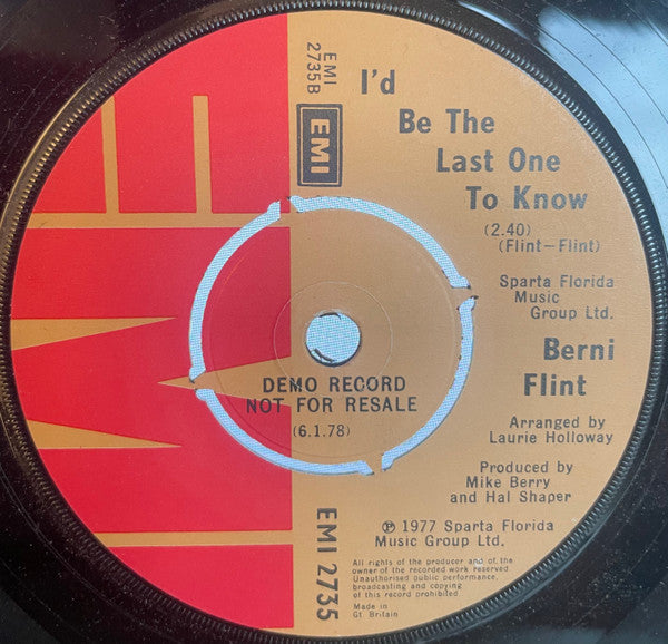 Berni Flint : Early Morning Rain (7", Single, Promo)