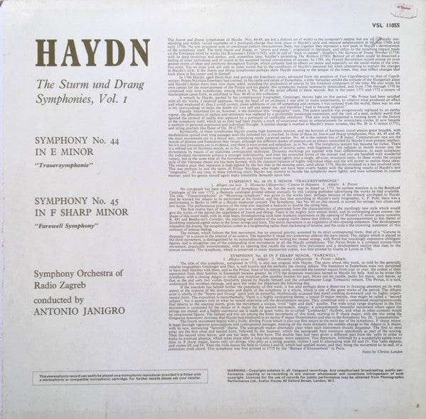 Joseph Haydn, Simfonijski Orkestar HRT-a, Antonio Janigro : The Sturm Und Drang Symphonies, Volume 1 (No.44 In E Minor, "Trauersymphonie" / No.45 In F Sharp Minor "Farewell")  (LP, RE)