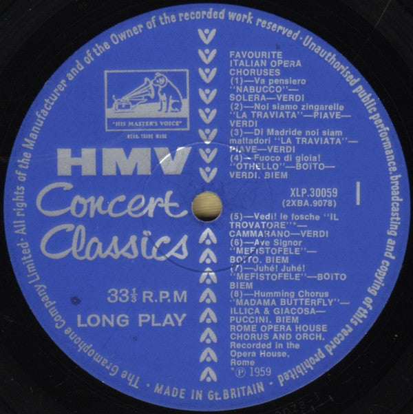 Coro Del Teatro Dell'Opera Di Roma And Orchestra Del Teatro Dell'Opera Di Roma : Favourite Italian Opera Choruses (LP, Mono, Lab)