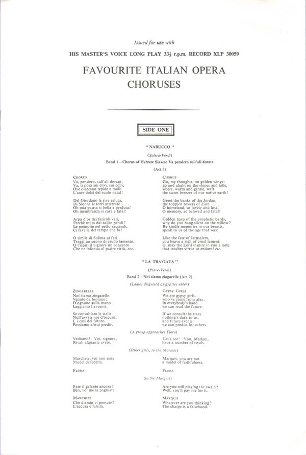 Coro Del Teatro Dell'Opera Di Roma And Orchestra Del Teatro Dell'Opera Di Roma : Favourite Italian Opera Choruses (LP, Mono, Lab)