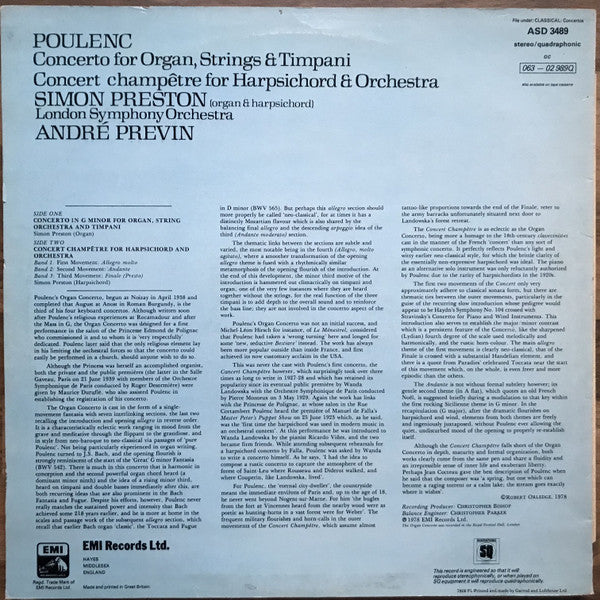 Francis Poulenc - Simon Preston, London Symphony Orchestra, André Previn : Concerto For Organ, Strings & Timpani / Concert Champêtre For Harpsichord & Orchestra (LP, Album, Quad, RP)