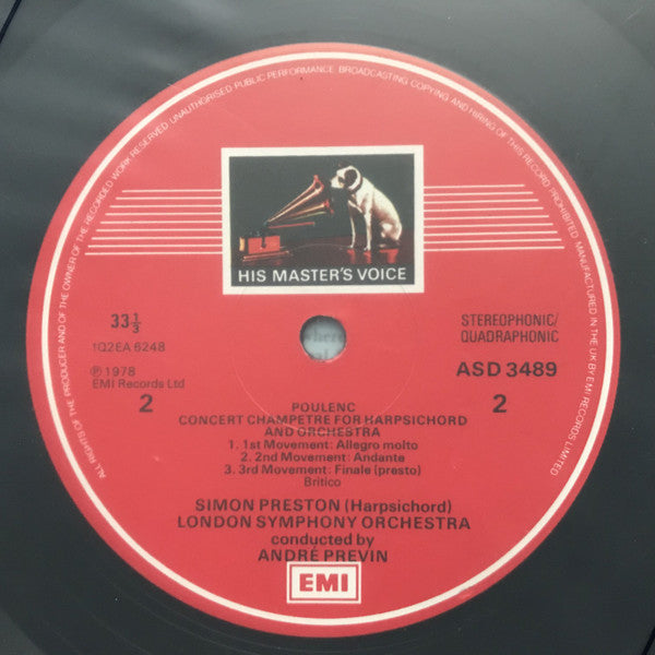 Francis Poulenc - Simon Preston, London Symphony Orchestra, André Previn : Concerto For Organ, Strings & Timpani / Concert Champêtre For Harpsichord & Orchestra (LP, Album, Quad, RP)