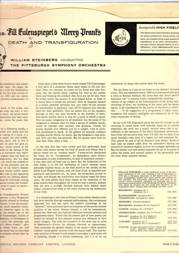 Richard Strauss : William Steinberg Conducting Pittsburgh Symphony Orchestra : Till Eulenspiegel's Merry Pranks, Op. 28 / Death And Transfiguration, Op. 24 (LP, Album, Mono)